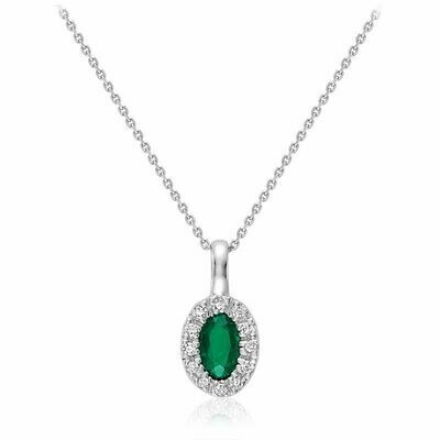 Oval Emerald &amp; Diamond Halo Pendant 0.04CTDI White Gold
