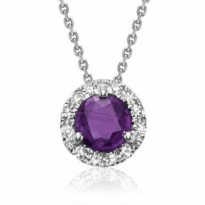 Amethyst &amp; Diamond Halo Pendant 0.06CTDI  White Gold