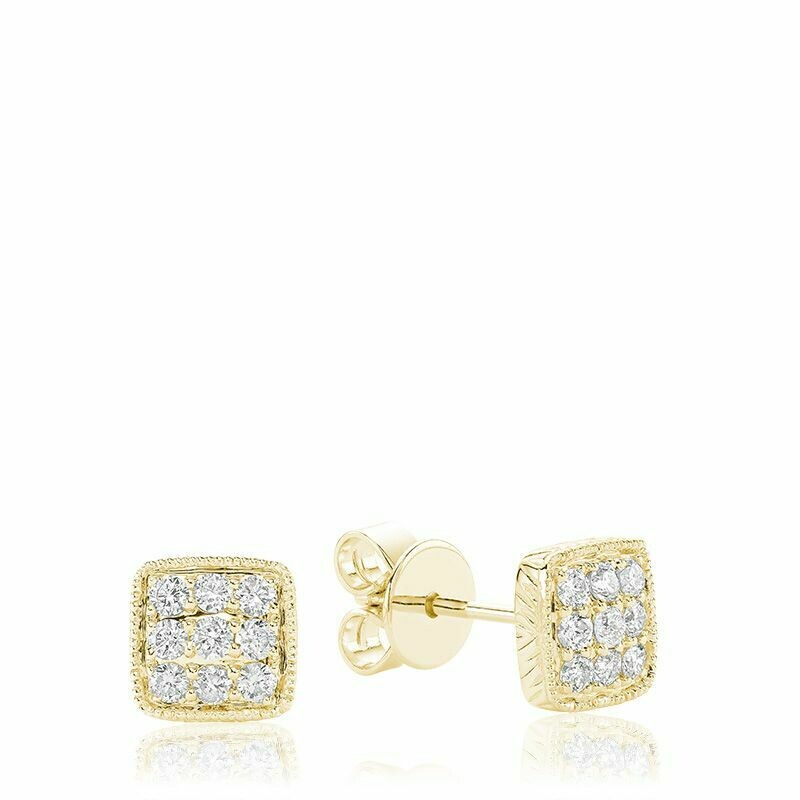 Square Milgrain Diamond Stud Earrings Yellow Gold