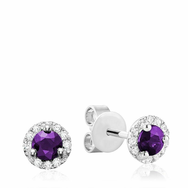 Amethyst &amp; Diamond Halo Stud Earrings White Gold