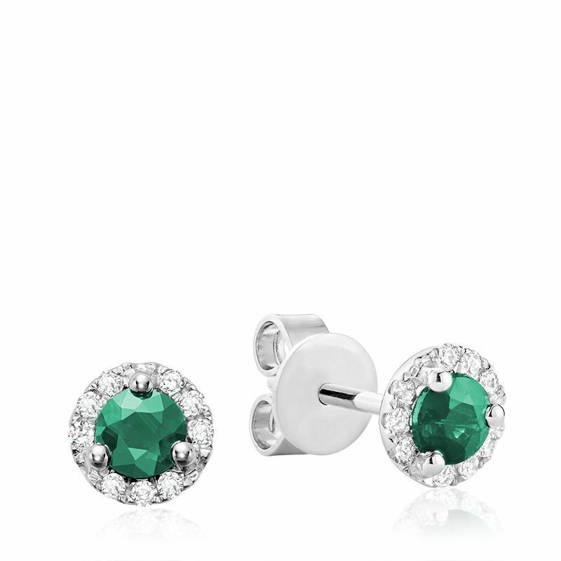 Emerald &amp; Diamond Halo Stud Earrings White Gold