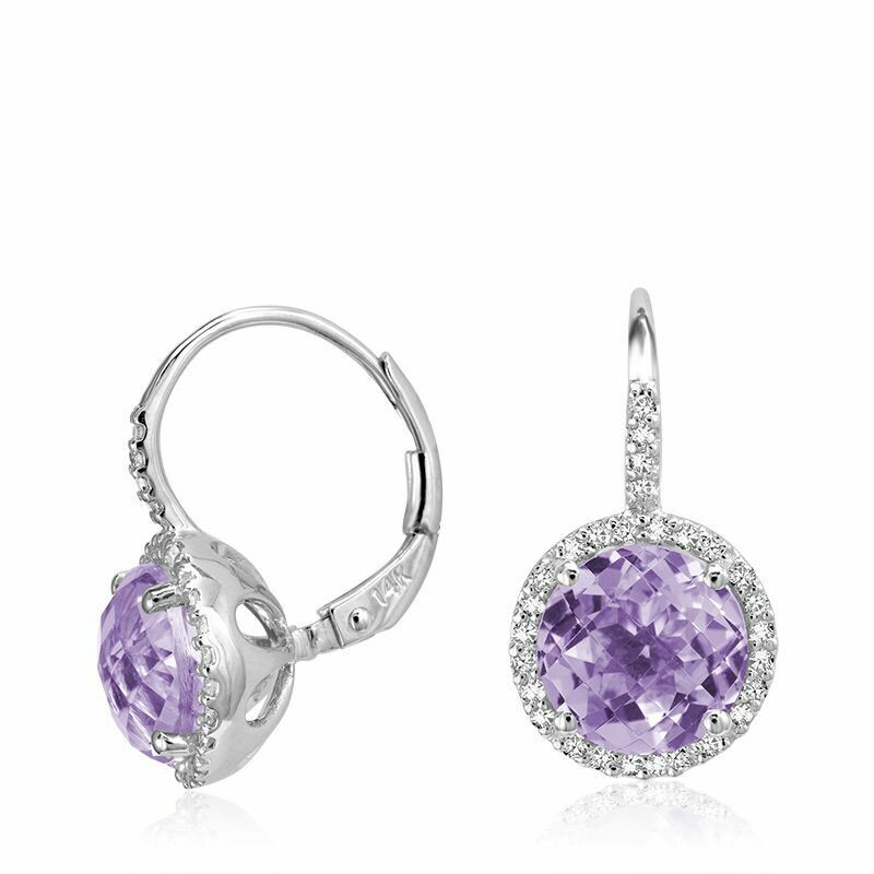 Amethyst &amp; Diamond Halo Dangle Earrings White Gold