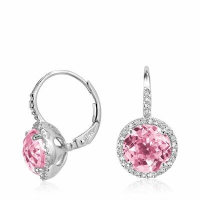 Pink Quartz & Diamond Halo Dangle Earrings White Gold