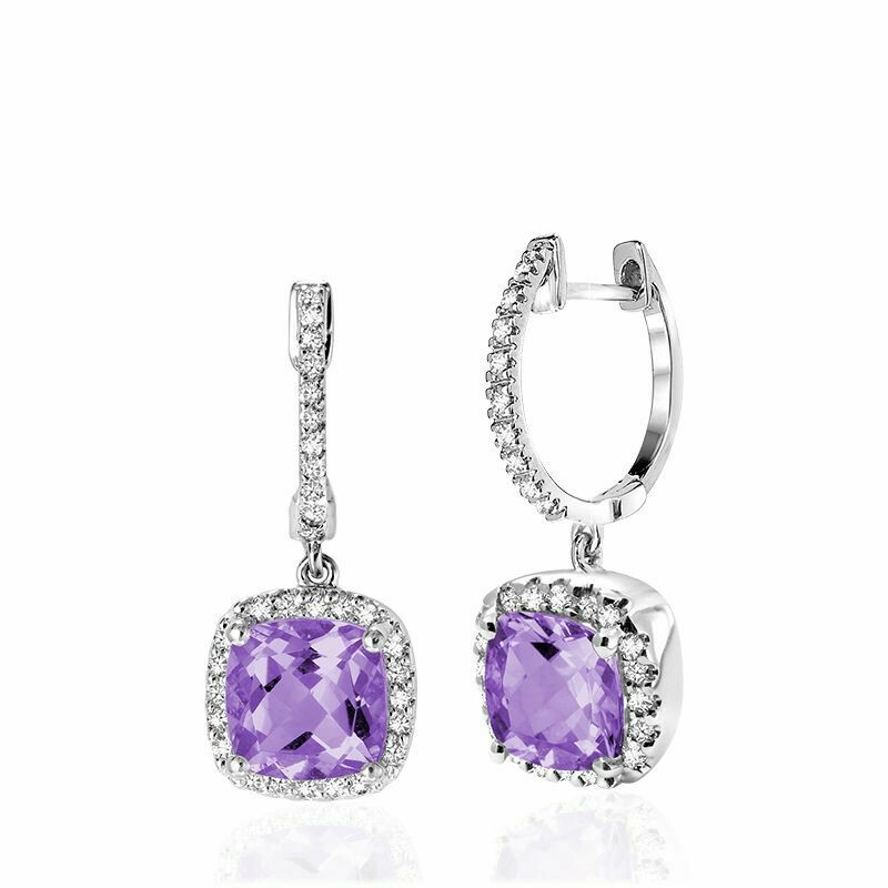 Cushion Cut Amethyst & Diamond Halo Earrings White Gold Cushion Cut Amethyst & Diamond Halo Earrings White Gold