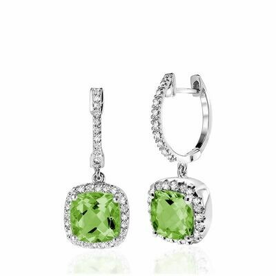 Cushion Cut Peridot &amp; Diamond Halo Earrings White Gold