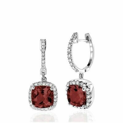 Cushion Cut Garnet & Diamond Halo Earrings White Gold Cushion Cut Garnet & Diamond Halo Earrings White Gold