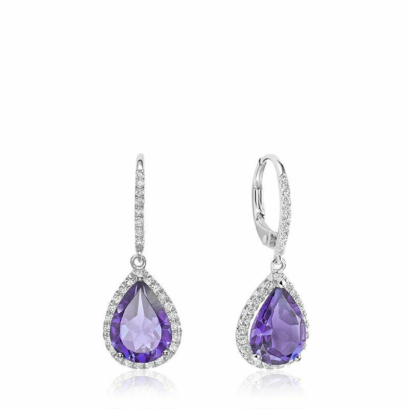 Teardrop Amethyst &amp; Diamond Dangle Earrings White Gold