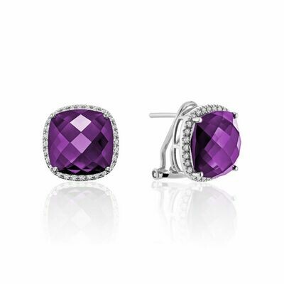 Cushion Cut Amethyst &amp; Diamond Halo Earrings White Gold