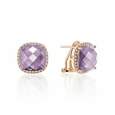 Cushion Cut Pink Amethyst &amp; Diamond Halo Earrings Rose Gold