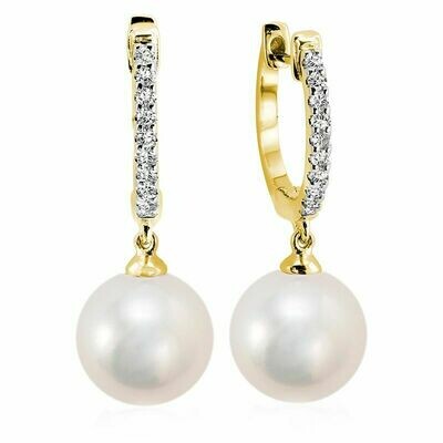 Cultured Freshwater Pearl & Diamond Dangle Earrings Yellow Gold Cultured Freshwater Pearl & Diamond Dangle Earrings Yellow Gold