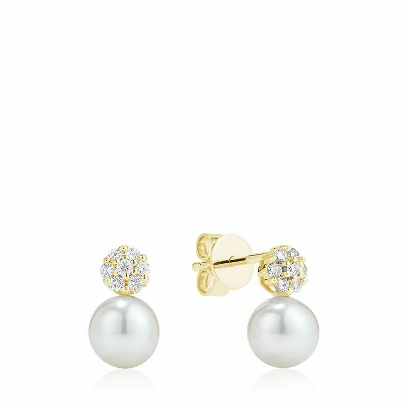 Cultured Freshwater Pearl &amp; Diamond Stud Earrings Yellow Gold