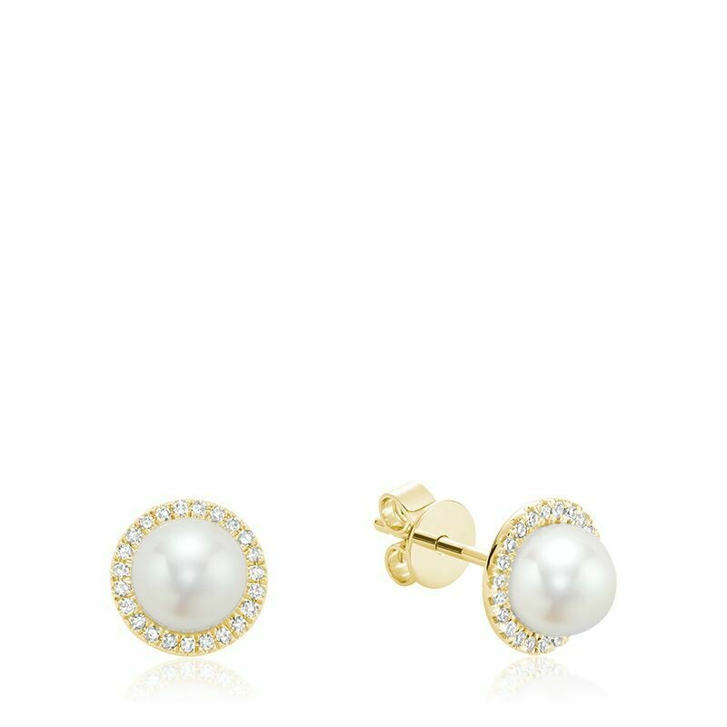 Freshwater Pearl &amp; Diamond Earrings 6MM Pearl Yellow Gold