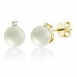 Cultured Freshwater Pearl &amp; Diamond Stud Earrings Yellow Gold