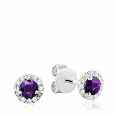 Amethyst &amp; Diamond Halo Earrings White Gold