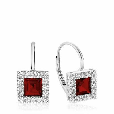 Princess Cut Garnet & Diamond Halo Earrings White Gold Princess Cut Garnet & Diamond Halo Earrings White Gold