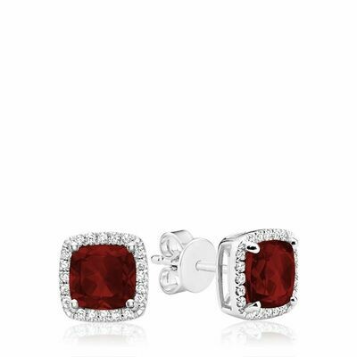 Cushion Cut Garnet &amp; Diamond Halo Earrings White Gold
