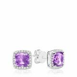 Cushion Cut Amethyst &amp; Diamond Halo Earrings White Gold