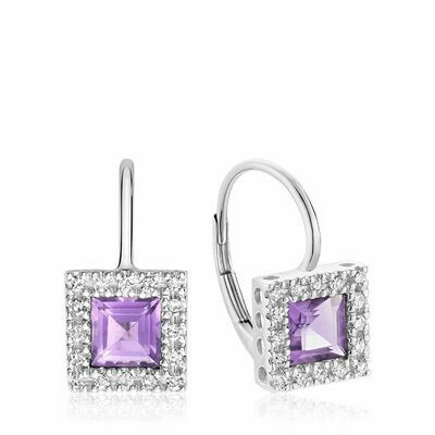 Princess Cut Amethyst &amp; Diamond Halo Earrings White Gold