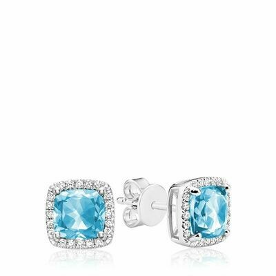 Cushion Cut Blue Topaz &amp; Diamond Halo Earrings White Gold
