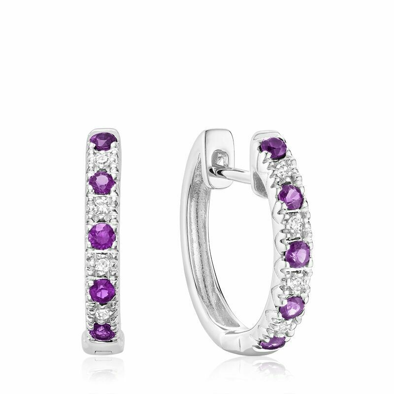 Amethyst & Diamond Huggie Earrings White Gold Amethyst & Diamond Huggie Earrings White Gold