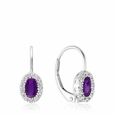 Oval Amethyst &amp; Diamond Halo Dangle Earrings White Gold