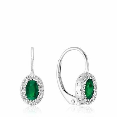 Oval Emerald &amp; Diamond Halo Dangle Earrings White Gold