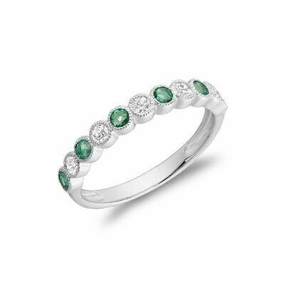 Semi Eternity Emerald &amp; Diamond Milgrain Band White Gold