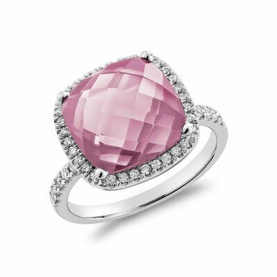 Cushion Cut Pink Quartz & Diamond Halo Ring White Gold
