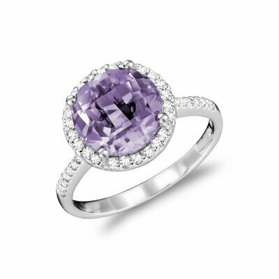 Round Amethyst &amp; Diamond Halo Ring White Gold