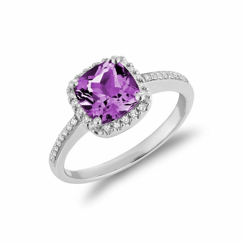 Cushion Cut Amethyst &amp; Diamond Halo Ring White Gold