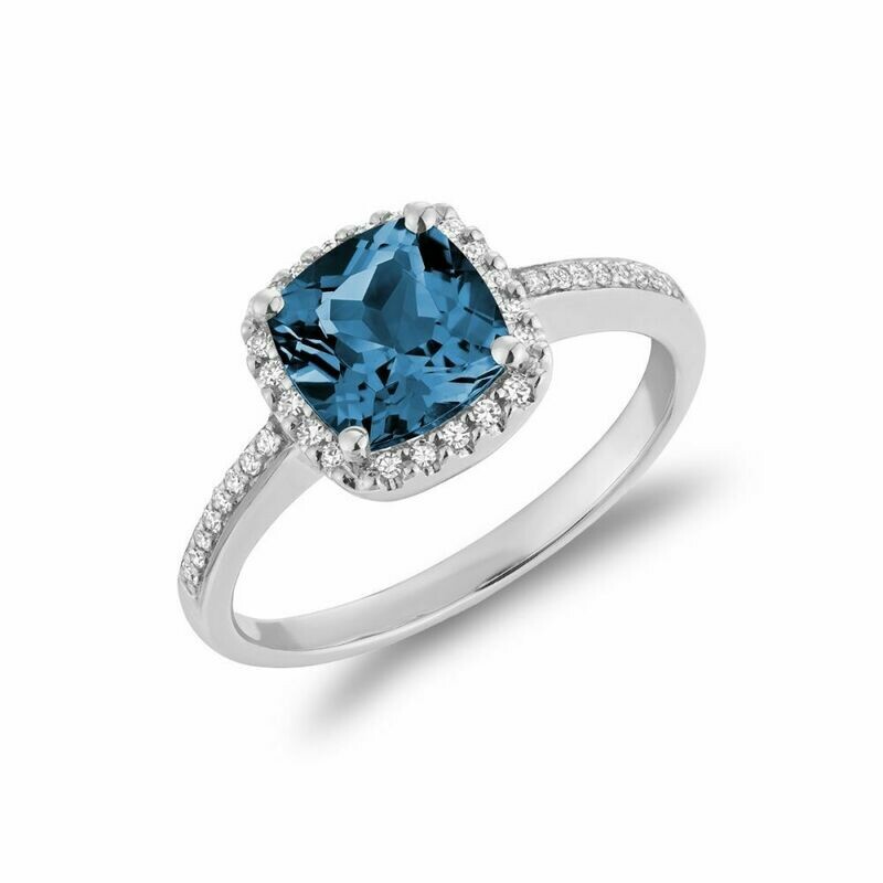 Cushion Cut London Blue Topaz &amp; Halo Diamond Ring White Gold