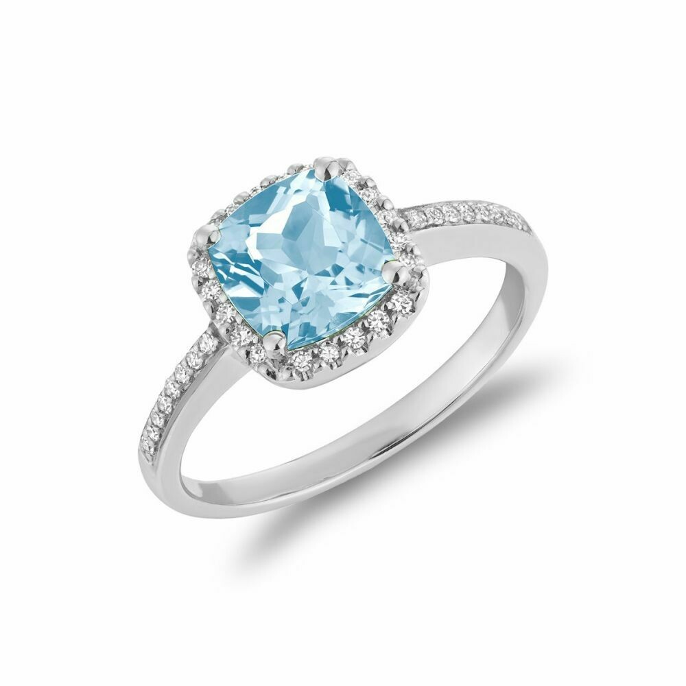 Cushion Cut Sky Blue &amp; Diamond Halo Ring White Gold