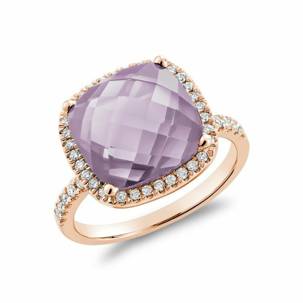 Cushion Cut Pink Amethyst &amp; Diamond Halo Ring White Gold
