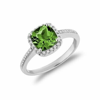 Cushion Cut Peridot & Diamond Halo Ring White Gold Cushion Cut Peridot & Diamond Halo Ring White Gold
