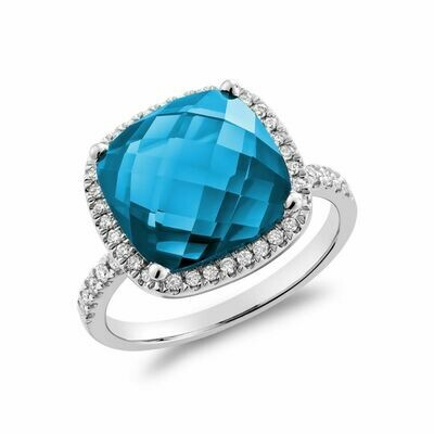 Cushion Cut Blue Topaz &amp; Diamond Halo Ring White Gold