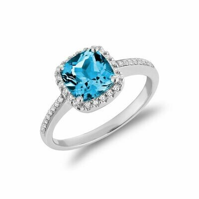 Cushion Cut Blue Topaz &amp; Diamond Halo Ring White Gold