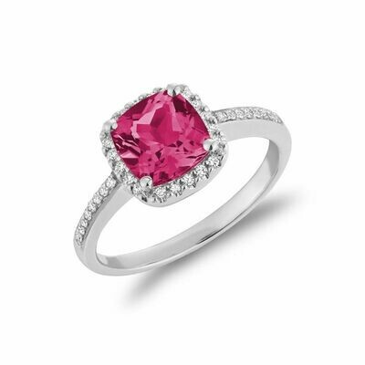 Cushion Cut Pink Quartz & Halo Diamond Ring White Gold