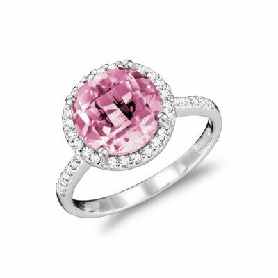 Round Pink Quartz & Diamond Halo Ring White Gold