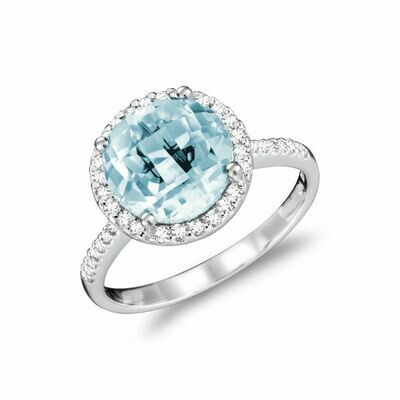 Round Sky Blue & Diamond Halo Ring White Gold Round Sky Blue & Diamond Halo Ring White Gold