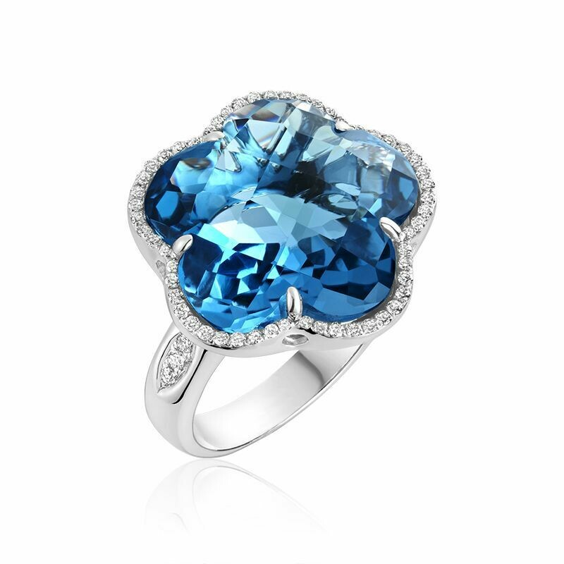 London Blue Topaz &amp; Diamond Flower Ring White Gold