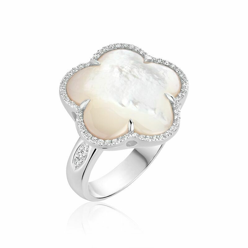 White Mother of Pearl &amp; Diamond Flower Ring White Gold