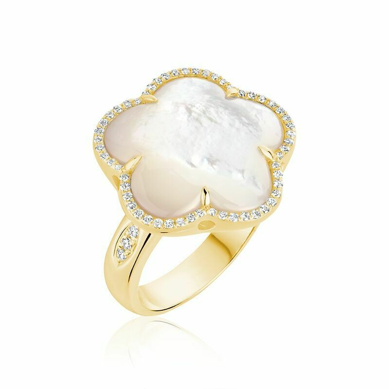 White Mother of Pearl & Diamond Flower Ring Yellow Gold White Mother of Pearl & Diamond Flower Ring Yellow Gold