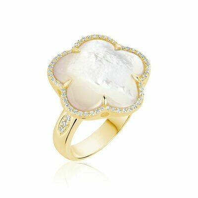 White Mother of Pearl & Diamond Flower Ring Yellow Gold White Mother of Pearl & Diamond Flower Ring Yellow Gold
