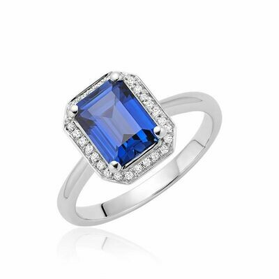 Created Blue Sapphire &amp; Diamond Emerald Cut Ring