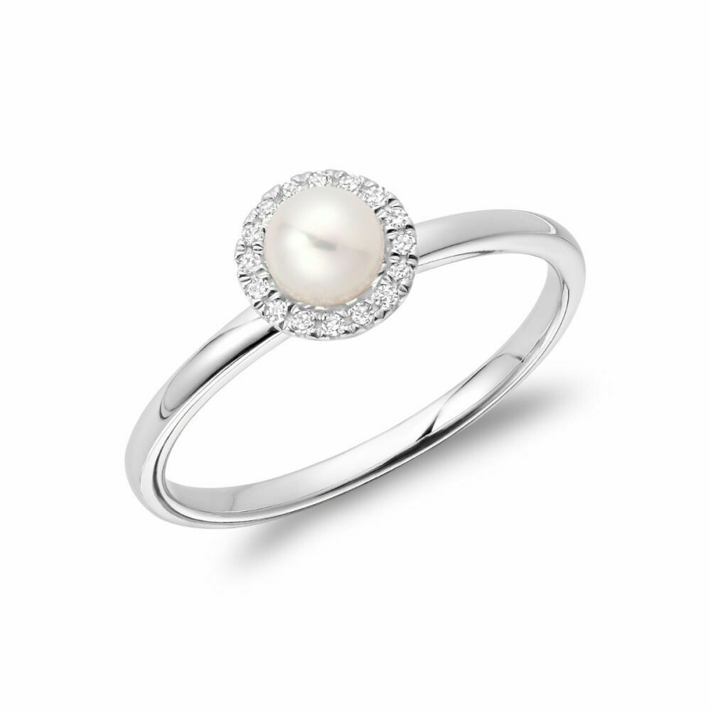 Freshwater Pearl &amp; Diamond Ring 5MM White Gold