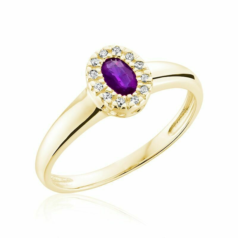 Oval Amethyst &amp; Diamond Halo Ring Yellow Gold