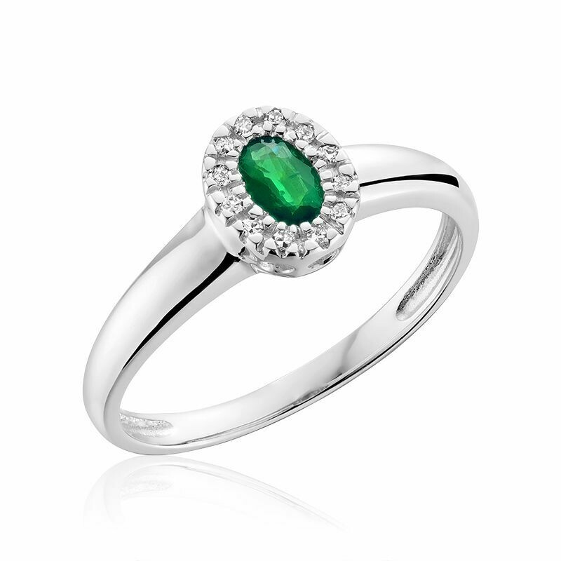 Oval Emerald &amp; Diamond Halo Ring White Gold