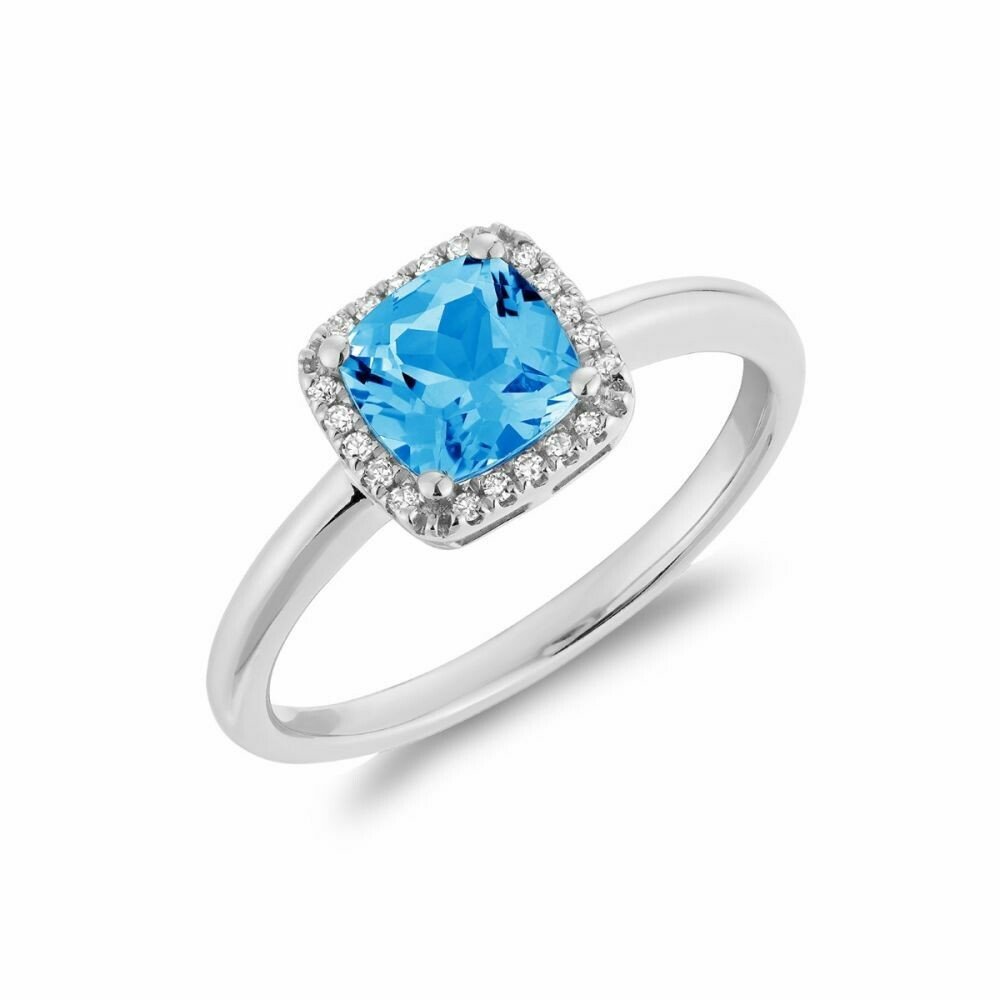 Cushion Cut Blue Topaz &amp; Diamond Halo Ring White Gold