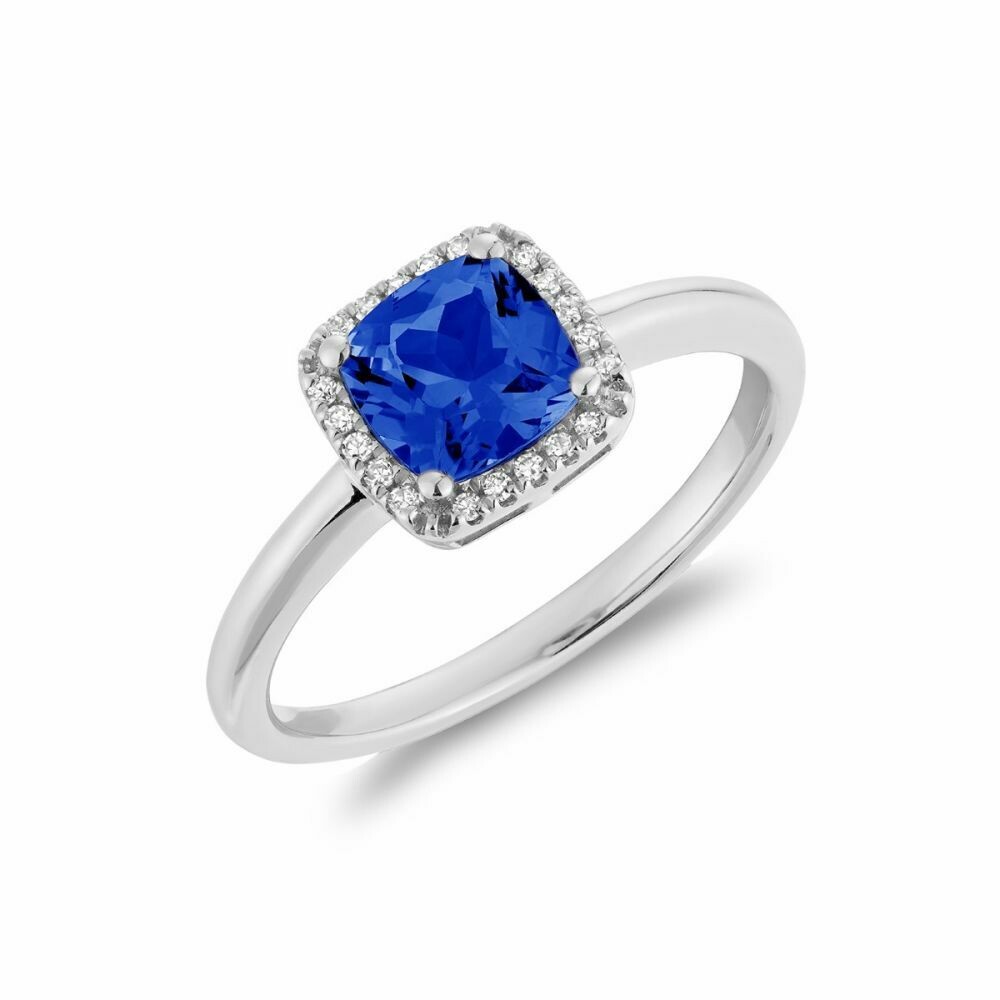 Cushion Cut Blue Sapphire &amp; Diamond Halo Ring White Gold