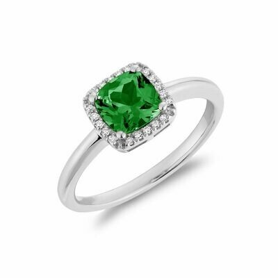 Cushion Cut Emerald &amp; Diamond Halo Ring White Gold